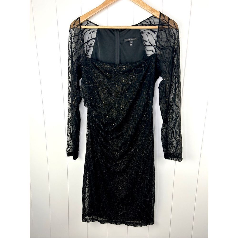 David Meister Illusion Dress Long Sleeve Mesh Lace Sheer Sleeve Mini Black 12